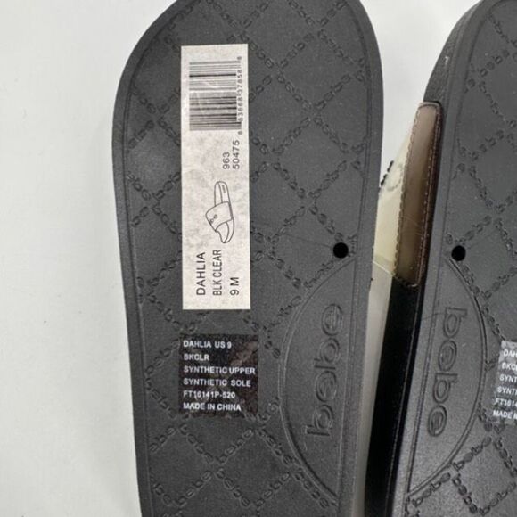NWOT Bebe Dahlia Clear Size 9 Slides Sandals Black Spellout Large - Picture 7 of 9